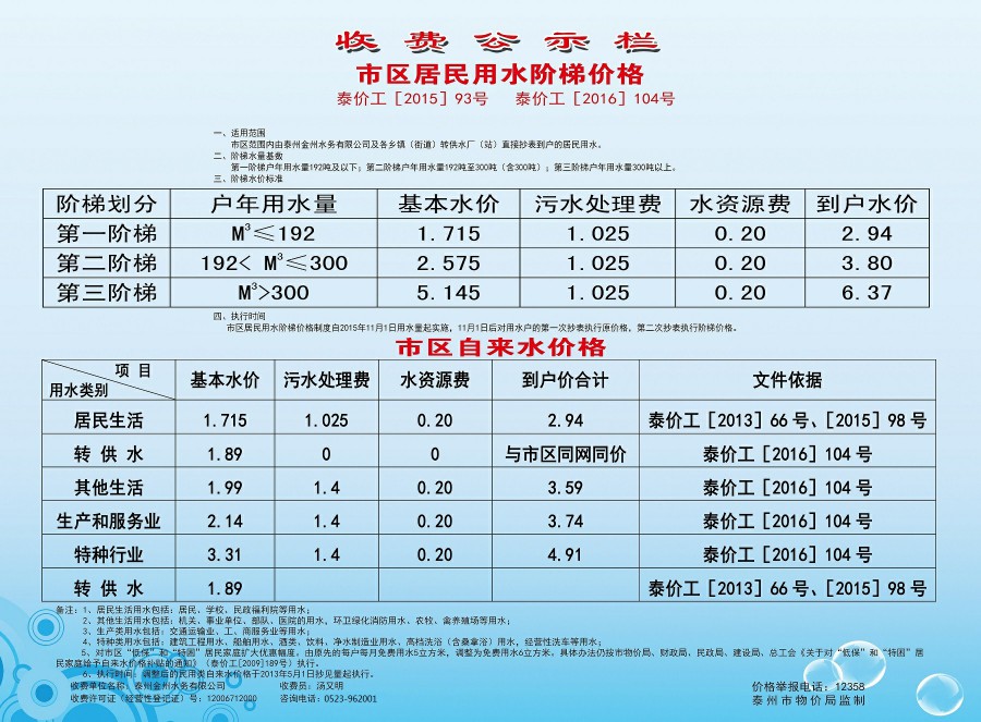 泰州自來水收費標準